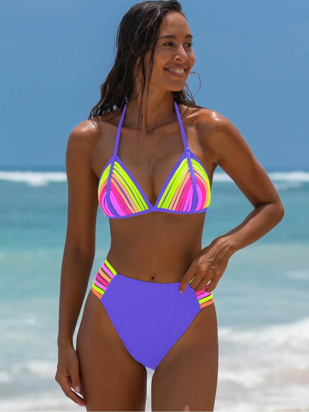 Popvil Women's Neon Rainbow Halter Bikini Set Triangle Tie-Back High Waist